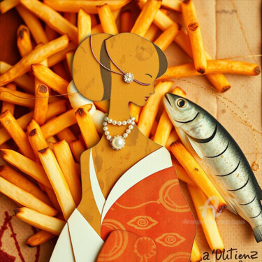 数字艺术 标题为“Fish and Chips in J…” 由Davina Dugnas, 原创艺术品, 数字油画 安装在木质担架架上
