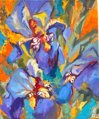 Malarstwo zatytułowany „Iris. Peinture à l’…” autorstwa Elena Recondo, Oryginalna praca, Olej Zamontowany na Drewniana rama…