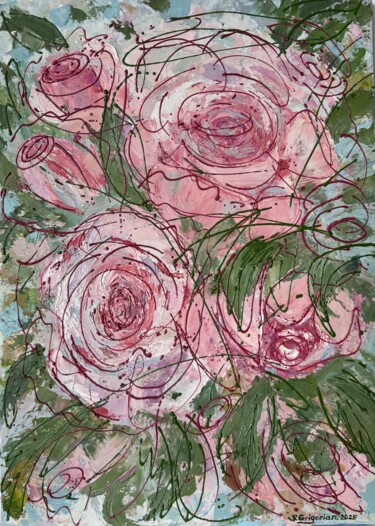 Painting titled "Tangled Roses" by Stella Grigorian, Original Artwork, Oil Mounted on Wood Stretcher frame