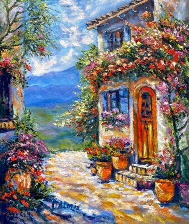 Cozy courtyard Peinture intitulée "Cozy courtyard" par Oksana Almiz, Œuvre d'art originale, Huile