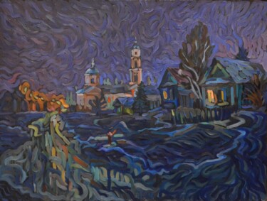 Late night in the village Schilderij getiteld "Late night in the v…" door Shaliko Saghatelyan, Origineel Kunstwerk, Olie Gemonteerd op Frame voor hout…