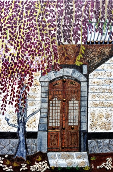 Peinture intitulée "La porte aux glycin…" par Laure Barlet, Œuvre d'art originale, Huile Monté sur Châssis en bois