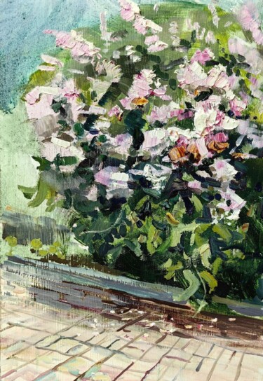 Schilderij getiteld "Lilac Bush" door Onpumi, Origineel Kunstwerk, Olie Gemonteerd op Andere stijve panelen