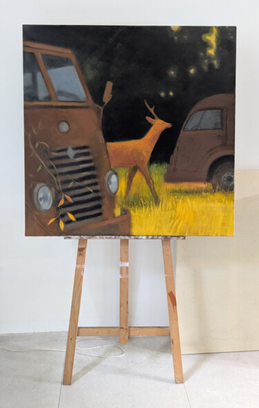 Schilderij getiteld "Cerf et utilitaires…" door Olivier Ribbe, Origineel Kunstwerk, Olie Gemonteerd op Frame voor houten bra…