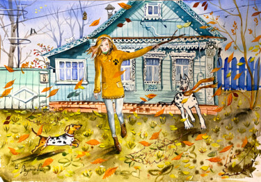 A positive moment of walking with dogs. "A positive moment o…" başlıklı Tablo Elena Reutova tarafından, Orijinal sanat, Suluboya