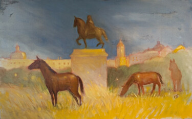 Painting titled "Chevaux Place Belle…" by Olivier Ribbe, Original Artwork, Oil Mounted on Wood Stretcher frame