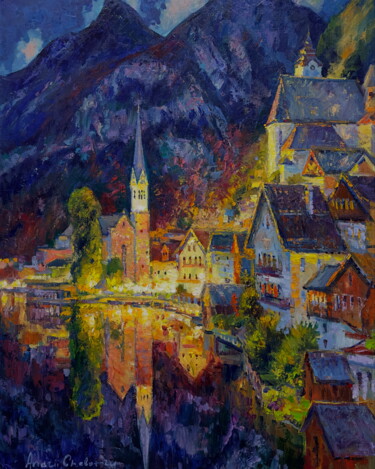 Mirror of the mountains Peinture intitulée "Mirror of the mount…" par Andrii Chebotaru, Œuvre d'art originale, Huile Monté sur Carton