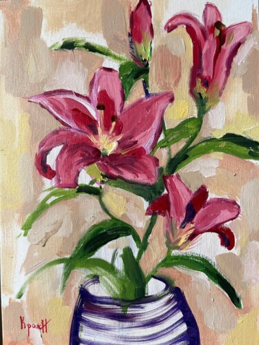 Painting titled "Lilies" by Anastasiya Krokhmal ( Art Kroha), Original Artwork, Oil Mounted on Cardboard