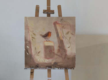 Rouge Gorge sur un utilitaire Renault abandonné Painting titled "Rouge Gorge sur un…" by Olivier Ribbe, Original Artwork, Oil Mounted on Wood Stretcher frame
