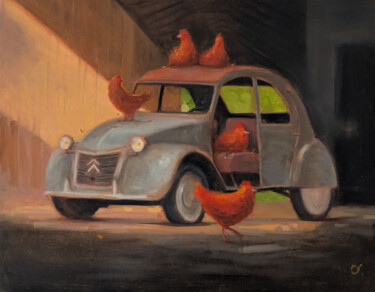 绘画 标题为“Poules sur une 2CV” 由Olivier Ribbe, 原创艺术品, 油 安装在木质担架架上