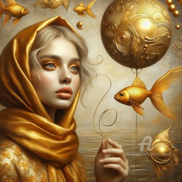 数字艺术 标题为“Lisa with golden wi…” 由Davina Dugnas, 原创艺术品, 数字拼贴 安装在木质担架架上