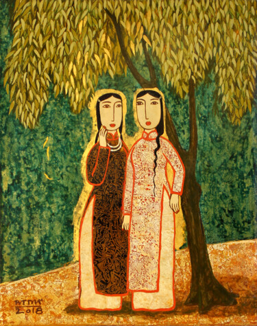 Schilderij getiteld "Couple of friends P…" door Du Bui Trong, Origineel Kunstwerk, Lak Gemonteerd op Houten paneel