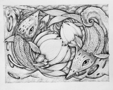 绘画 标题为“fish and lotuses” 由Andrey Kostin, 原创艺术品, 标记