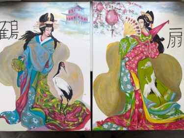 Set Large Japanese Art Woman Portrait Flowers Original 绘画 标题为“Set Large Japanese…” 由Svetlana Sindere, 原创艺术品, 油 安装在木质担架架上