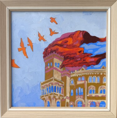 Surrealism Red Painting Fantasy Castle Original Abstract Art 绘画 标题为“Surrealism Red Pain…” 由Svetlana Sindere, 原创艺术品, 油 安装在纸板上
