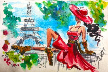Pintura titulada "Parisian in Red - B…" por Anastasia Kokler, Obra de arte original, Acuarela