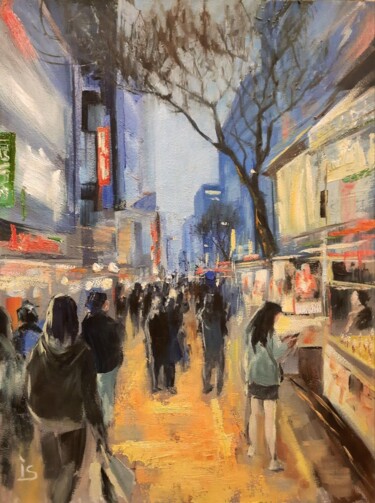 Schilderij getiteld "Myeong-Dong evening" door Irina Sergeyeva, Origineel Kunstwerk, Olie Gemonteerd op Andere stijve panelen