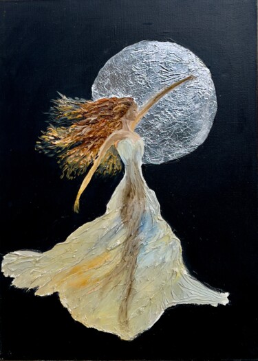 A woman against a silver moon with a minimal black backgroun Peinture intitulée "A woman against a s…" par Vera Sol, Œuvre d'art originale, Huile Monté sur Châssis en bois