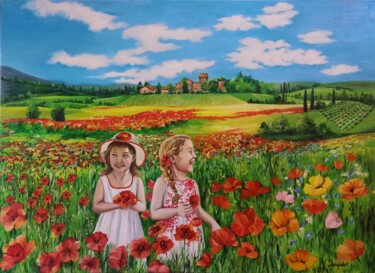 「Happy days」というタイトルの絵画 Anna Rita Angiolelliによって, オリジナルのアートワーク, オイル ウッドストレッチャーフレームにマウント