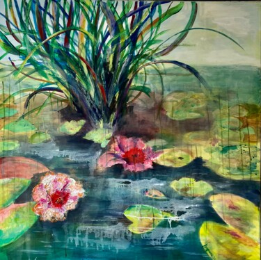 "Etang avec nénuphars" başlıklı Tablo Isabelle Reygaerts tarafından, Orijinal sanat, Petrol Ahşap Sedye çerçevesi üzerine mo…