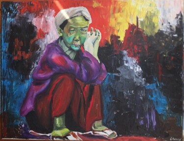 Painting titled "Méditation" by Patrick Lecocq, Original Artwork, Oil Mounted on Wood Stretcher frame