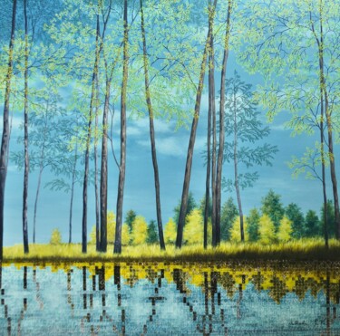 Peinture intitulée "Forêt printanière" par Nathalie Si Pié, Œuvre d'art originale, Huile Monté sur Châssis en bois