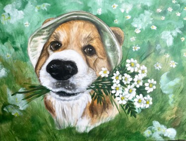 Peinture intitulée "Corgi with daisies…" par Julia Bocharova, Œuvre d'art originale, Acrylique Monté sur Châssis en bois