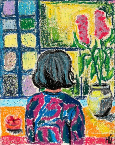 On Reflection – Colorful Oil Pastel Painting of a Woman "On Reflection – Col…" başlıklı Tablo Hanna Kochet tarafından, Orijinal sanat, Pastel Ahşap panel üzerine monte edilmiş