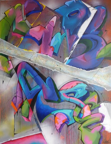 Schilderij getiteld "Trace n° 2503" door Saname, Origineel Kunstwerk, Graffiti Gemonteerd op Frame voor houten brancard