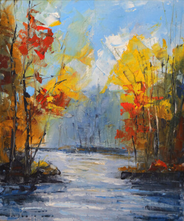 Golden Autumn Colorful Fall Forest with River Pittura intitolato "Golden Autumn Color…" da Dr. Barmely, Opera d'arte originale, Olio Montato su Cartone