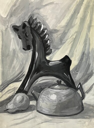 Schilderij getiteld "Black horse" door Valentyn Oladenko, Origineel Kunstwerk, Gouache Gemonteerd op Houten paneel