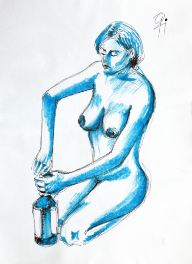 Flasche, Öffnerin und Öffner. Dessin intitulée "Flasche, Öffnerin u…" par Götz Wiedenroth, Œuvre d'art originale, Marqueur