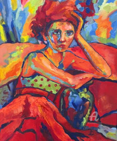 Картина под названием "“Girl in the red sk…" - Oxana Luky, Подлинное произведение искусства, Масло Установлен на Деревянная…