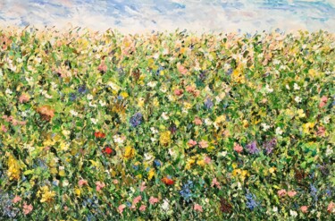 Large Colorful Flowers Field Impasto Oil Painting On Canvas 제목이 "Large Colorful Flow…"인 미술작품 Vilma Gataveckiene로, 원작, 기름