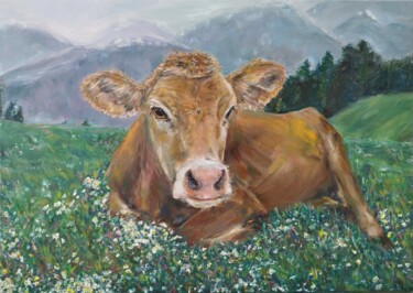 Alpina, The Cow - animal art Peinture intitulée "Alpina, The Cow - a…" par Jura Kuba, Œuvre d'art originale, Huile Monté sur Châssis en bois
