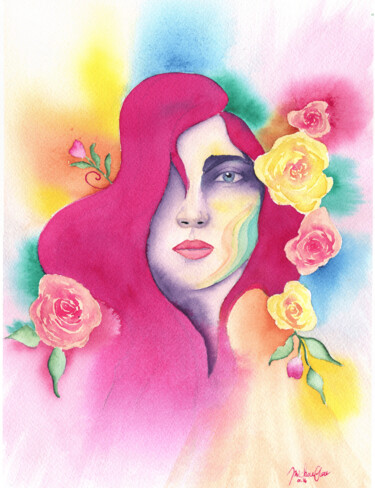 Painting titled "Douceur colorée" by Michouflou, Original Artwork, Watercolor