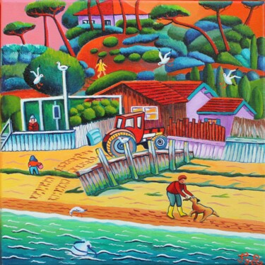 Painting titled "Le tracteur de l'os…" by Fouschy, Original Artwork, Oil Mounted on Wood Stretcher frame