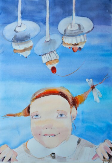 Cupcake, Chandelier and Girl Mixed Media Painting titled "Cupcake, Chandelier…" by Olga Sova, Original Artwork, Watercolor