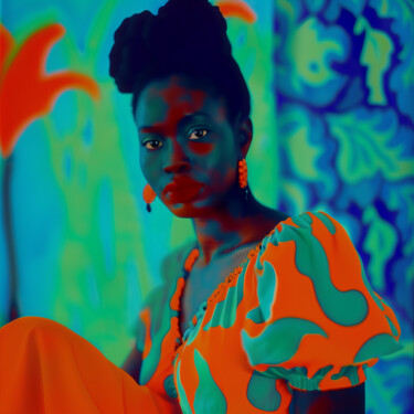 African Female Portrait in Orange Blue digital collage Arts numériques intitulée "African Female Port…" par Milana Expressions, Œuvre d'art originale, Travail numérique 2D