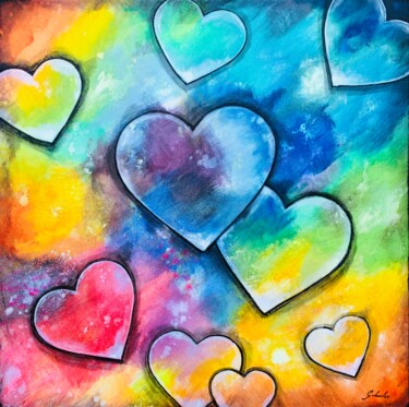 Les cœurs joyeux et colorés Peinture intitulée "Les cœurs joyeux et…" par Valérie Schuler, Œuvre d'art originale, Acrylique Monté sur Châssis en bois
