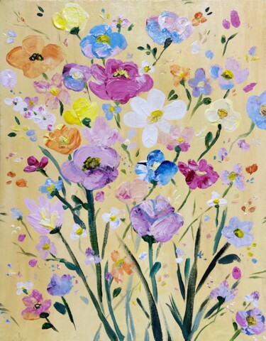 绘画 标题为“Wildflower Bouquet” 由Dasha Jan, 原创艺术品, 丙烯 安装在木质担架架上