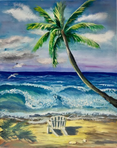 Palm tree on the beach, a solitary chair, rolling waves Картина под названием "Palm tree on the be…" - Vera Sol, Подлинное произведение искусства, Масло Установлен на Деревянная ра…