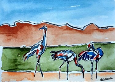 Painting titled "Kraniche Mixed Media" by Anne Goldhahn, Original Artwork, Watercolor