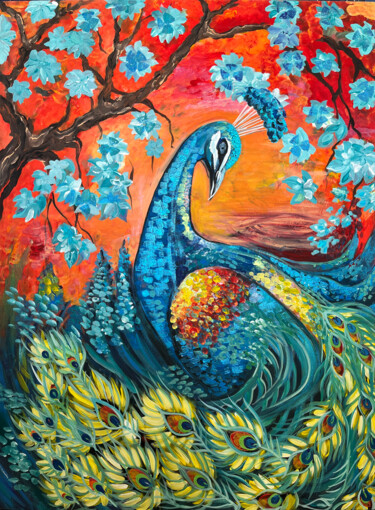 Blossoming Peacock Ζωγραφική με τίτλο "Blossoming Peacock" από Alona Sutjagina, Αυθεντικά έργα τέχνης, Ακρυλικό Τοποθετήθηκε στο Ξύλινο φορείο…