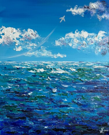 Blue sea with airplane 「Blue sea with airpl…」というタイトルの絵画 Svetlana Leontevaによって, オリジナルのアートワーク, アクリル ウッドストレッチャーフレームにマウント