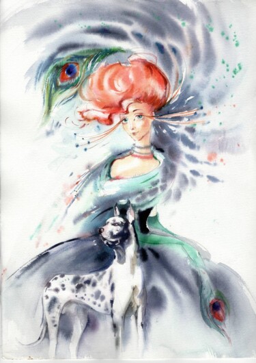 Lady with a Dalmatian. Watercolor illustration. Malarstwo zatytułowany „Lady with a Dalmati…” autorstwa Alla Prisakar, Oryginalna praca, Akwarela