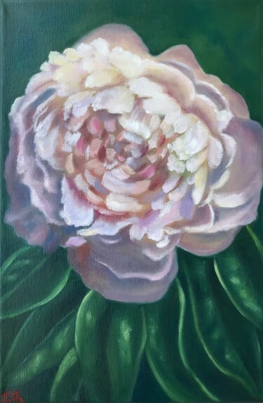 Painting titled "Delicate Peony" by Irina Gauss, Original Artwork, Oil Mounted on Wood Stretcher frame