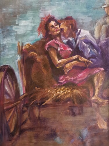 A couple in love riding in a cart. Canvas. Oil "A couple in love ri…" başlıklı Tablo Allen Light tarafından, Orijinal sanat, Pastel