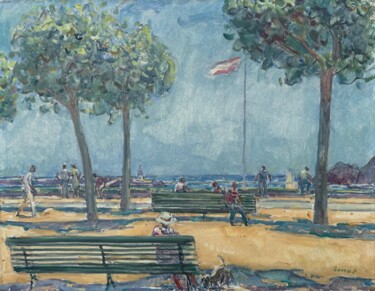 Schilderij getiteld "Paseo de Sant Feliu…" door Josep Amat, Origineel Kunstwerk, Olie Gemonteerd op Frame voor houten branca…