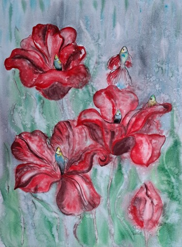 Red tulips Malarstwo zatytułowany „Red tulips” autorstwa Yana Bila, Oryginalna praca, Akwarela